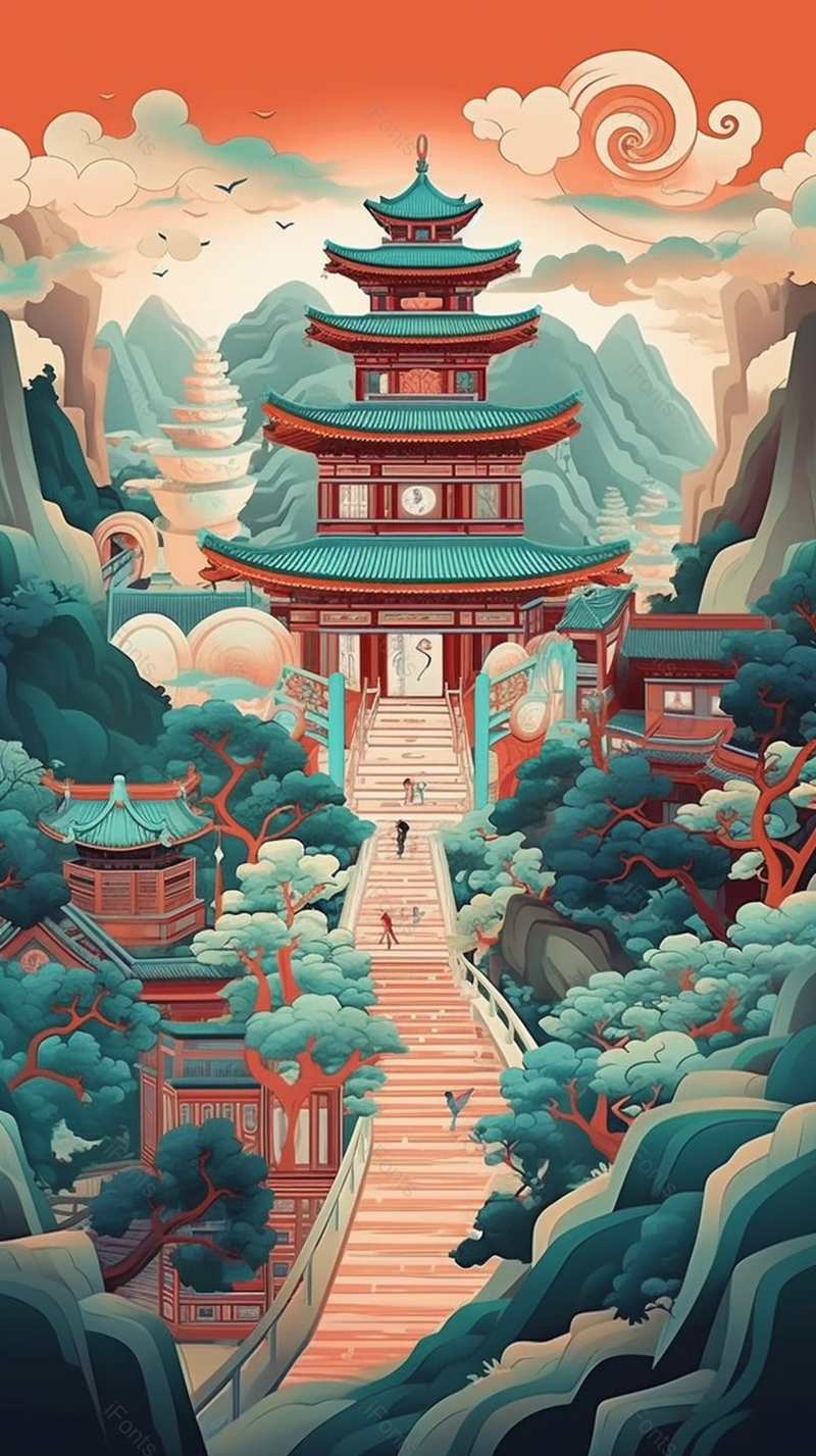 山水中国风建筑亭台楼阁庙宇手绘背景,插画/手绘图,插画/手绘图库,插画/手绘图下载,插画/手绘